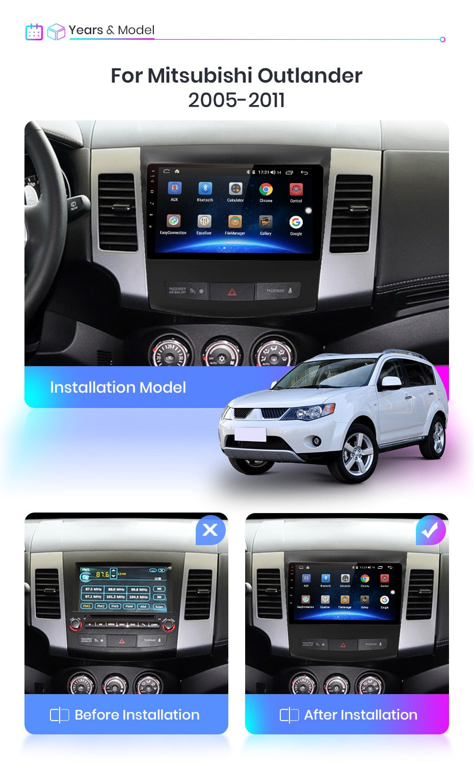 Android 11.0 2G+32G Car Stereo For Mitsubishi Outlander Reverse camera Supports Apple CarPlay Android Auto, GPS NZ Map For xl 2 2005-2011 4007