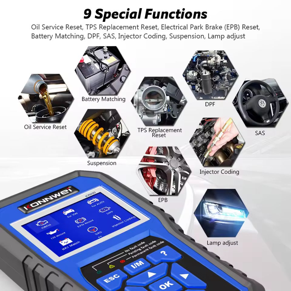 **CLEARANCE** Full System Car Diagnostic Scanner Tool For VAG Models For VW Audi Skoda ABS Airbag Oil Service Reset EPB DPF Reset BAT Match Lamp Adjust KONNWEI KW450