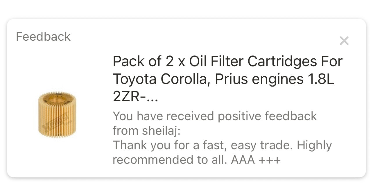 Pack of 2 x Oil Filter Cartridges For Toyota Corolla, Prius engines 1.8L 2ZR-FE - 04152-YZZA6