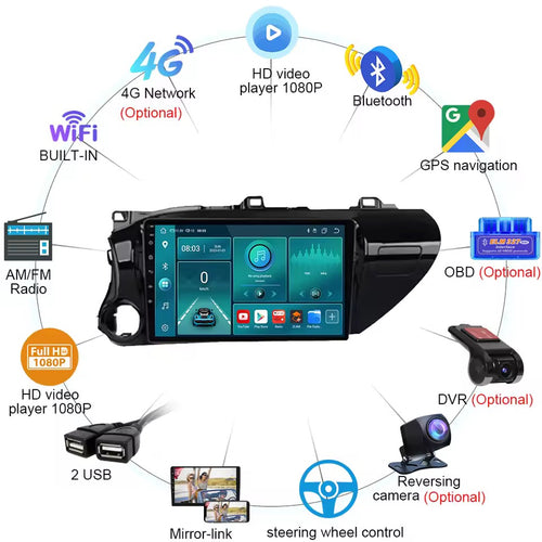 9” Car Stereo 4+64G For 2015-2023 TOYOTA HILUX Supports Apple CarPlay Android Auto Reverse Camera GPS NZ Map Android 12 Radio BT Hands Free Calls