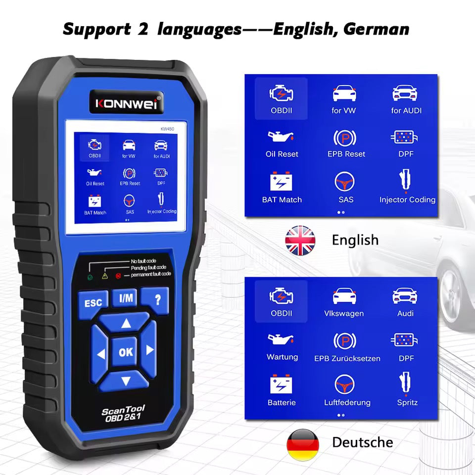 **CLEARANCE** Full System Car Diagnostic Scanner Tool For VAG Models For VW Audi Skoda ABS Airbag Oil Service Reset EPB DPF Reset BAT Match Lamp Adjust KONNWEI KW450