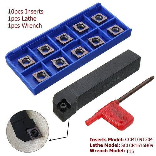10PCS CCMT09T304 Carbide Inserts + SCLCR1616H09 Holder Lathe Turning Tool Cutter
