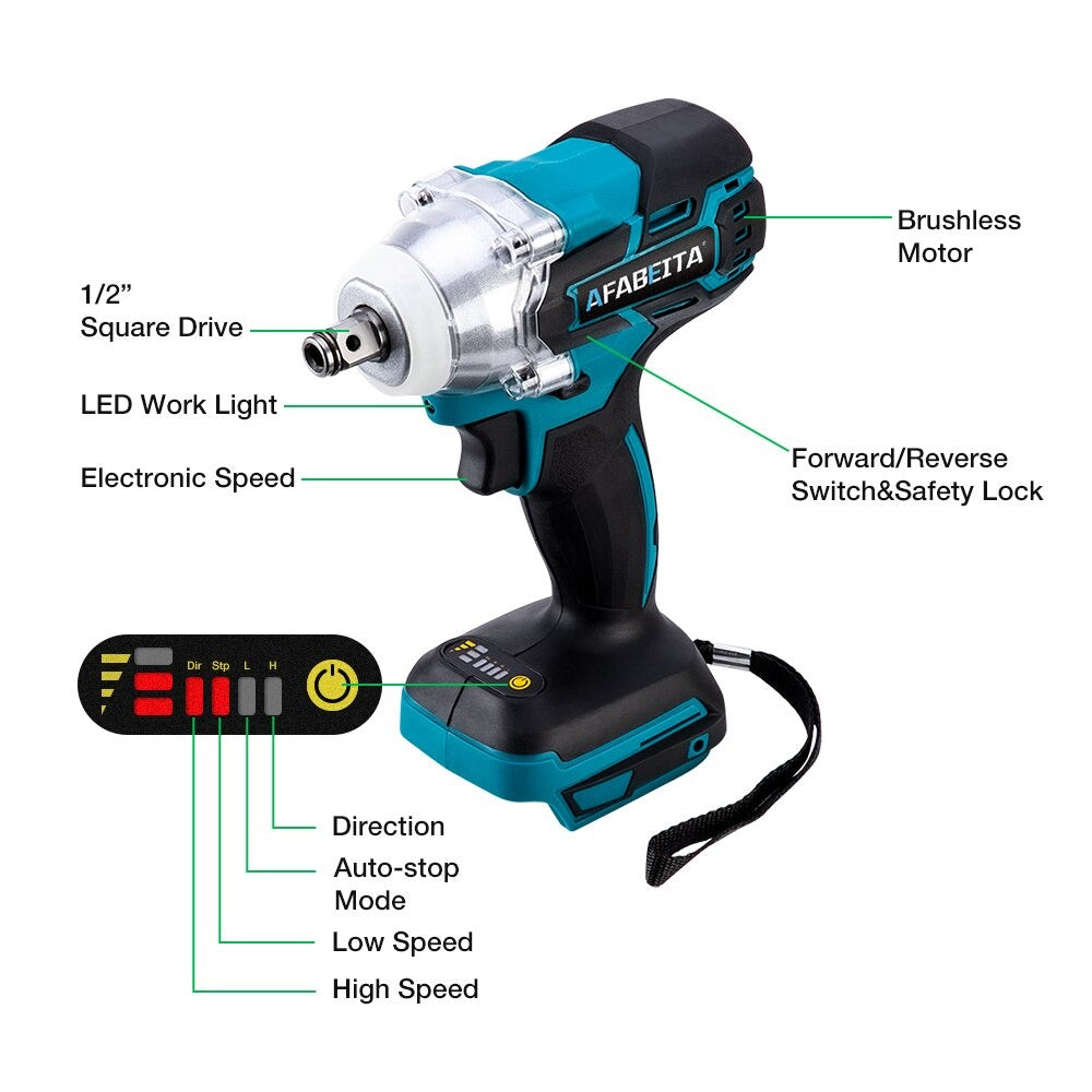 18V 350Nm Li-Ion Cordless Impact Brushless Wrench Driver 1/2Inch Electric Wrenchs Power Tool Without Battery