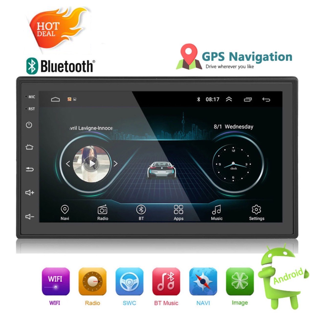 Car Stereo 2 DIN 7” MP5 Player with GPS Navigation, Bluetooth, USB, Android 8.1
