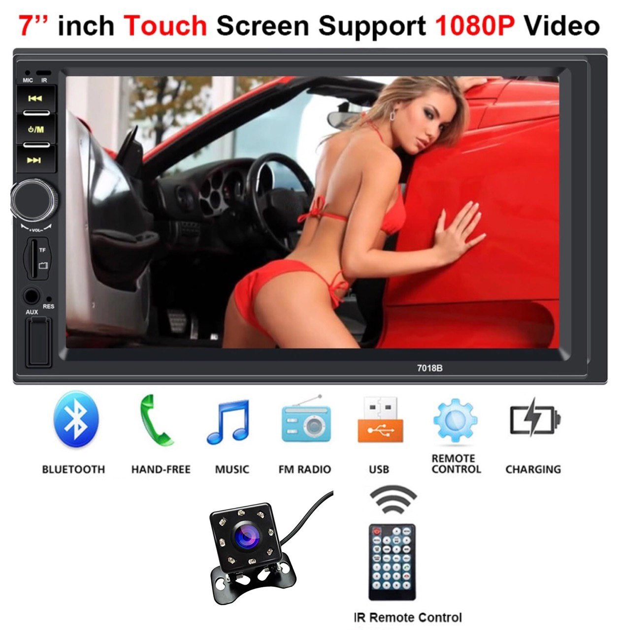 Car Stereo Double Din 7'' LCD Touch Bluetooth Car Radio Player Car Audio Aux FM + 8 IR Rear View Camera