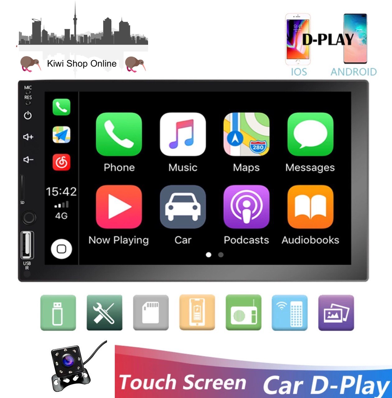 Car Stereo Double DIN Head Unit with Rear View Camera, Bluetooth, 7" Touch Screen Car Stereo Radio D-Play Mirrorlink