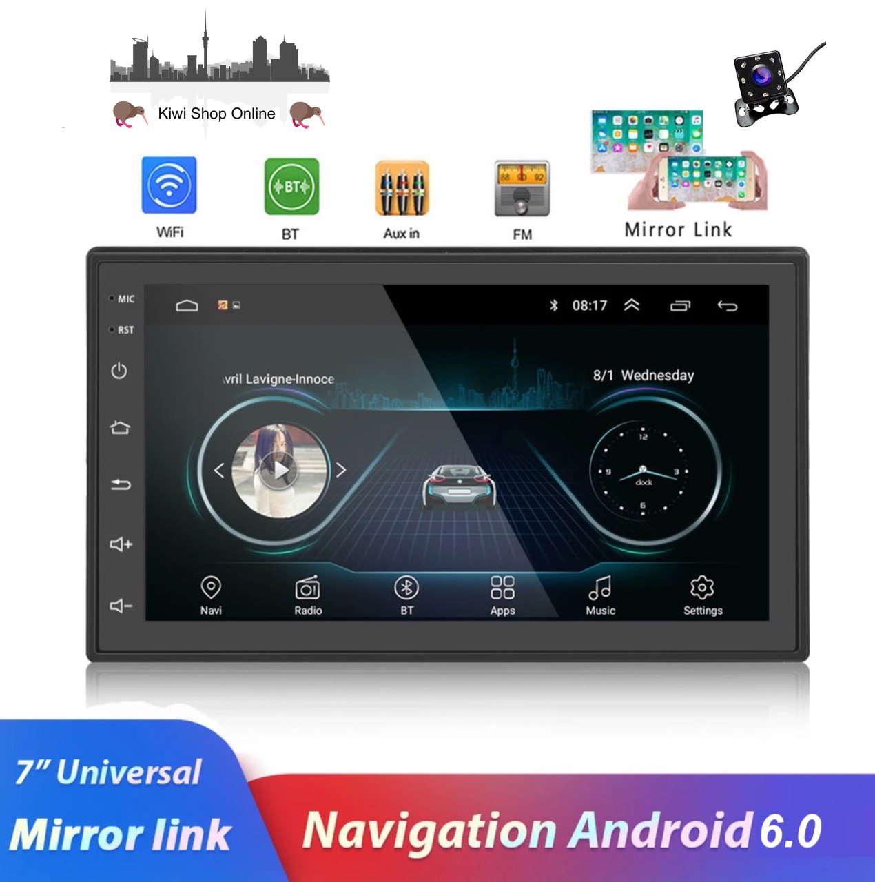 Car Audio 2 DIN 7” with 8IR Reversing Camera GPS Navigation, Bluetooth, USB, Android