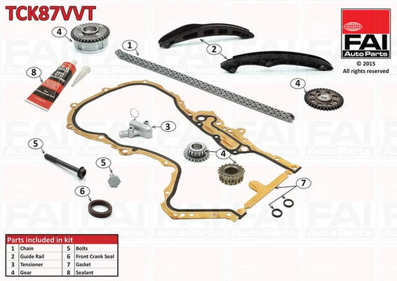 Timing Chain Kit FAI AutoParts TCK87VVT FAI Timing Chain Kit with camshaft adjuster For VW Audi with 1.4 TSI Engines, including Golf MK5, 6, Audi A3 VW GOLF V (1K1)
Engine:  Fuel type:  KW/PS:  Year:
1.4 TSI BLG  Petrol 1.4  125kW/170PS 1390ccm  11/2005-11/2008
1.4 TSI BMY  Petrol 1.4  103kW/140PS 1390ccm  05/2006-11/2008
1.6 FSI BLF; BAG; BLP  Petrol 1.6  85kW/115PS 1598ccm  10/2003-07/2008