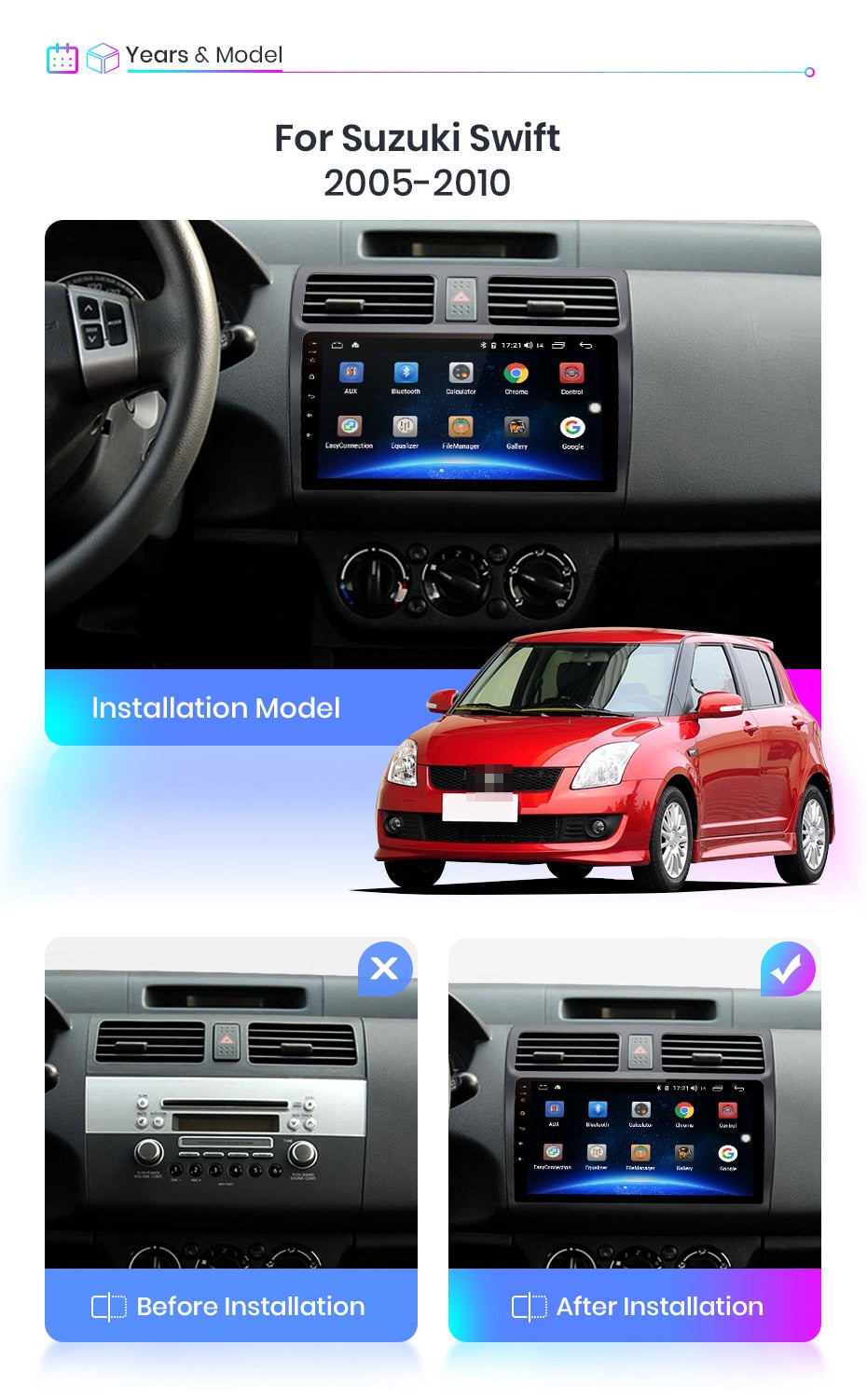 4+64G Android Car Stereo Supports CarPlay Android Auto Car Radio GPS NZ Map Multimedia Player Suit For Suzuki Swift 2005 2006 2007 2008 2009 2010 Navigation GPS 2 din