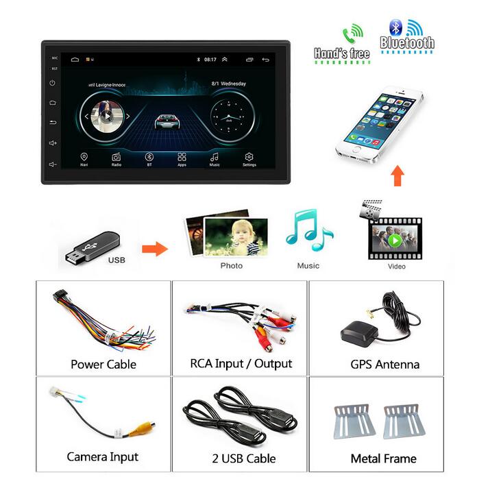 Car Audio 2 DIN 7” GPS Navigation, Bluetooth, USB, Android, Hands Free, Support Rear Camera