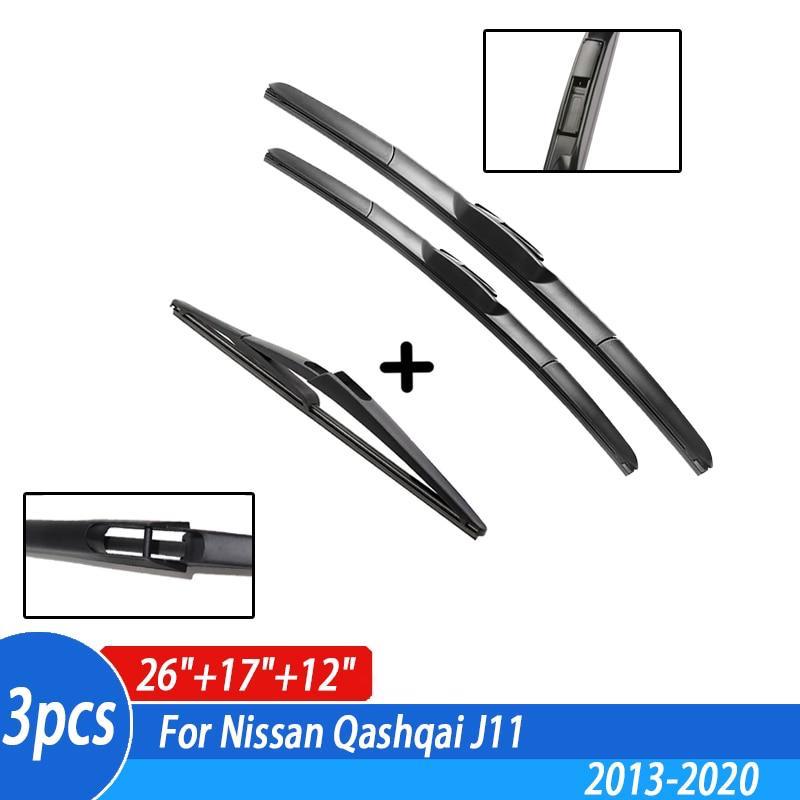 Wiper Front & Rear Windscreen Wiper Blades Set For Nissan Qashqai J11 2013 2014 2015 2016 2017 2018 2019 2020 26"17"12"