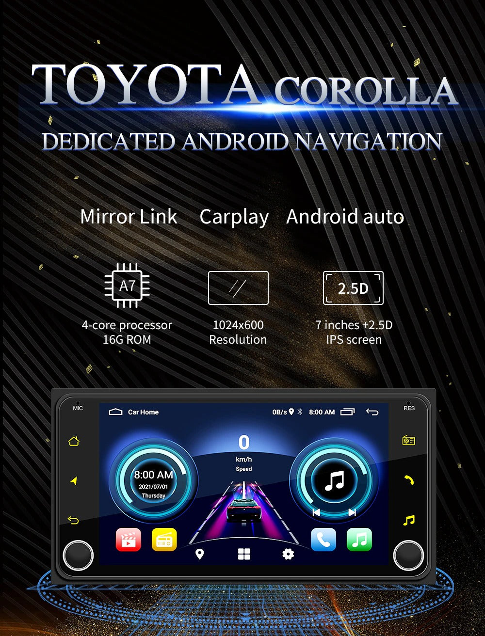 Car Stereo with Apple Carplay / Android Auto Suit Toyota GPS NZ Map Car Radio Bluetooth RDS WiFi USB 2+32GB Head Unit for Corolla Yaris RAV4